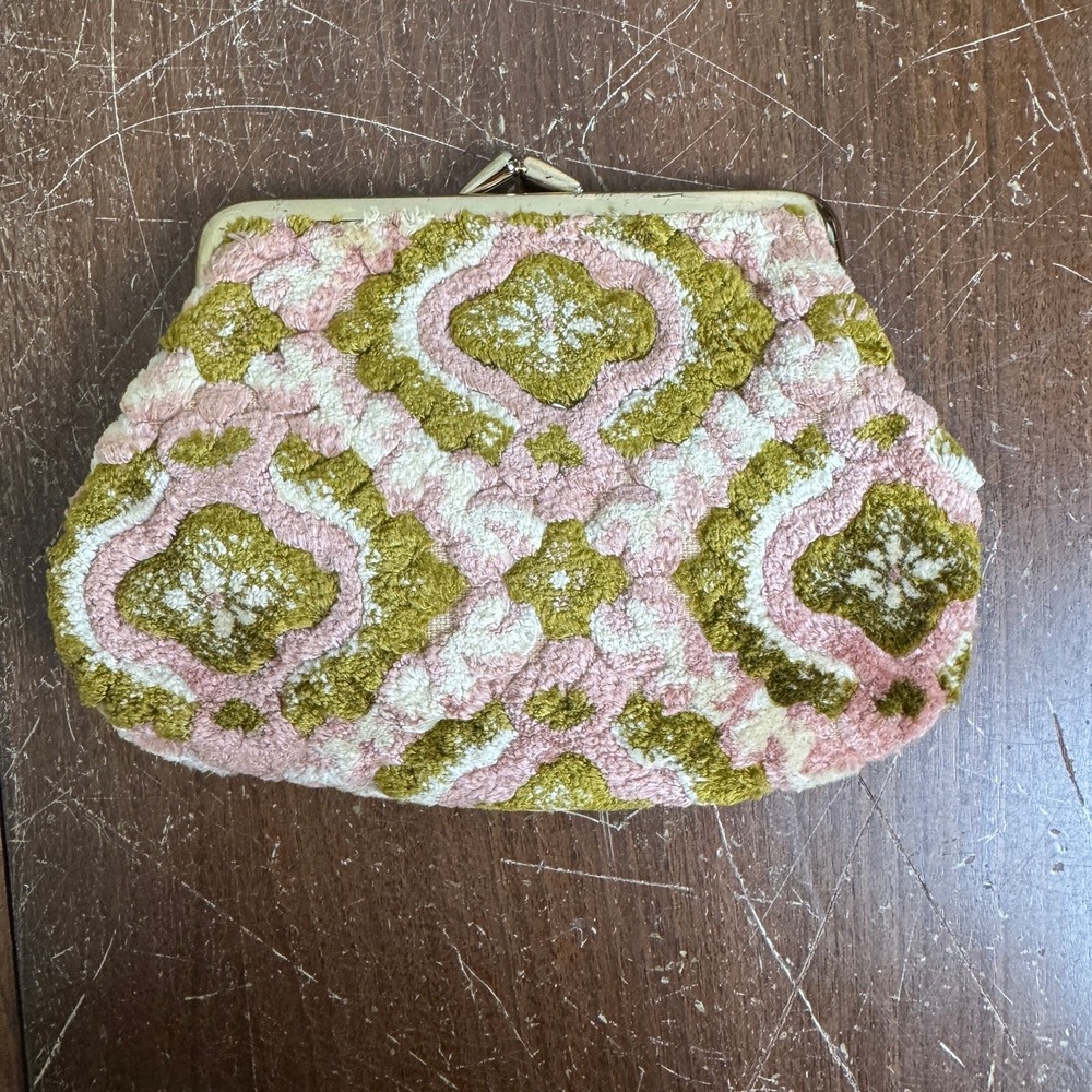 Vintage Mid Century Pink Green Chenille Tapestry Kiss Lock Makeup Cosmetic Bag
